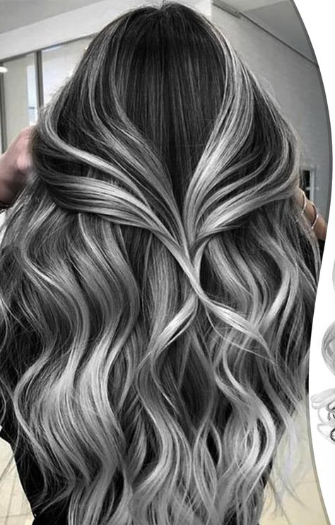 Black Hair With Grey Extensions, Black Hair With Grey Highlights, Silver Ombre Hair, Pelo Color Vino, Blonde Highlights On Dark Hair, Short Silver Hair, Hair Color Underneath, Hair Inspiration Long, Jet Black Hair