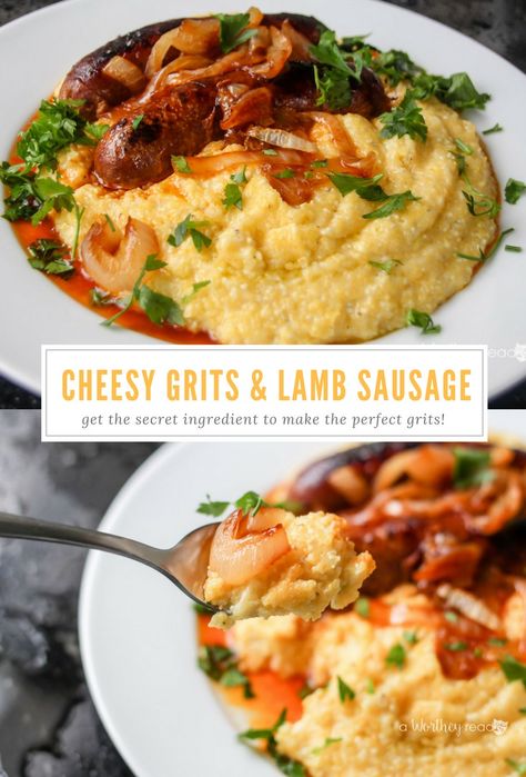 Lamb Breakfast, Lamb Sausage, Soul Food Recipes, Sausage Dinner, Cheesy Grits, Grits Recipe, Food Meals, Southern Food, Breakfast Idea