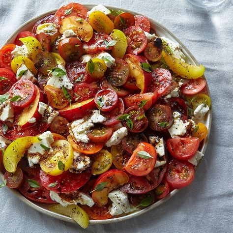 Tomato, Nectarine & Mozzarella Salad recipe on Food52 Nectarine Salad, Tomato Salad Recipes, Mozzarella Salad, Vegetarian Sides, Easy Lunch Recipes, Nectarine, Tomato Recipes, Food 52, Summer Salads