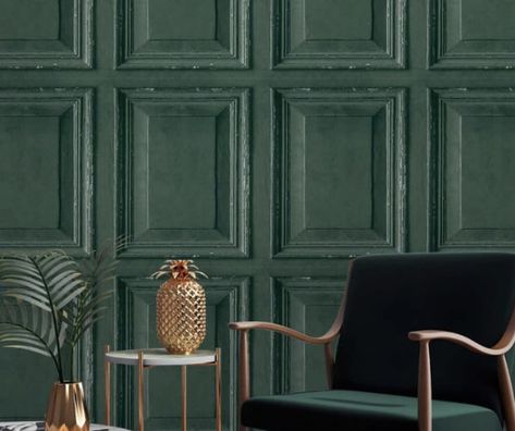 Green Panel Wallpaper, Wallpaper Bedroom Feature Wall Vintage, Inn Decor, Victorian Lounge, Wood Panel Wallpaper, Wood Effect Wallpaper, Panel Wallpaper, Wooden Panelling, Deco Living