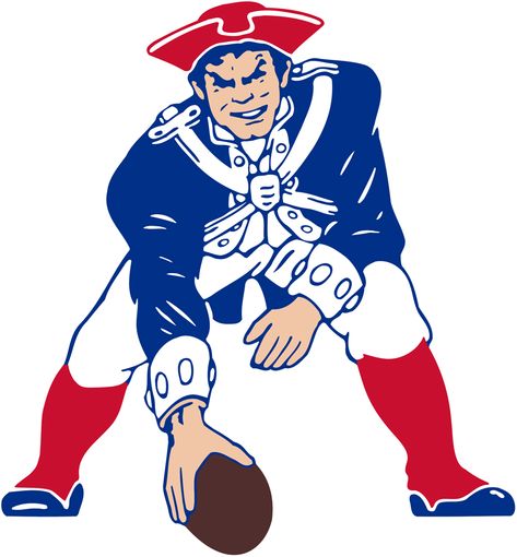 New England Patriots Primary Logo (1972-1988) - Patriot Pat in red, white, and blue about to hike the football Sailor Logo, Football Drawing, New England Patriots Logo, Logo Evolution, Nfl Football Art, Patriots Logo, New England Patriots Football, Football Images, Patriots Football