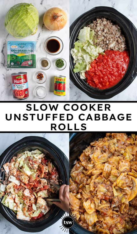 Easy Crockpot Unstuffed Cabbage Rolls - The Schmidty Wife Crockpot Unstuffed Cabbage, Cabbage Slow Cooker, Crockpot Cabbage Recipes, Slow Cooker Cabbage Rolls, Unstuffed Cabbage Rolls, Stuffed Cabbage Rolls, Unstuffed Cabbage, Easy Crockpot Dinners, Crockpot Dinners