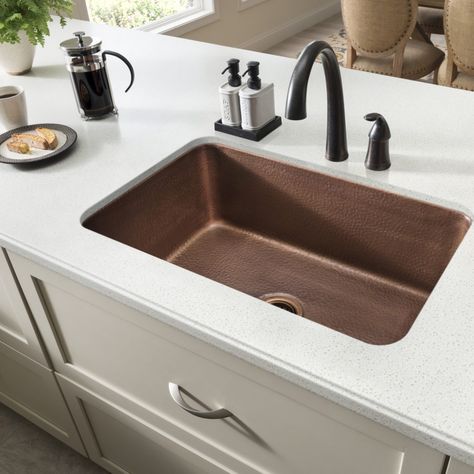 Orwell Undermount Copper Kitchen Sink by Sinkology Kitchen Sink Remodel, Single Sink Kitchen, Copper Kitchen Sink, Tuscan Kitchen, Mediterranean Home Decor, Bowl Kitchen Sink, Single Bowl Kitchen Sink, Farmhouse Sink Kitchen, Mediterranean Home