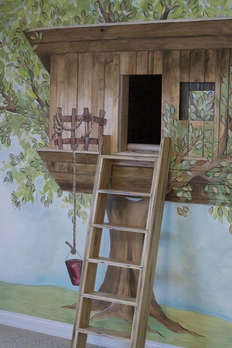 Playroom Treehouse by Dakri Sinclair Treehouse Wall Mural, Treehouse Mural, Playroom Treehouse, Treehouse Playroom, Treehouse Bed, Treehouse Bedroom, Kids Church Decor, Indoor Playroom, Boy Rooms