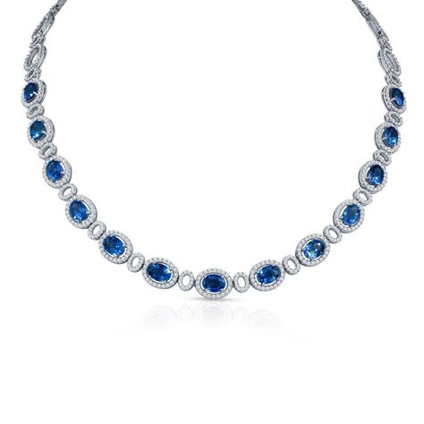 Lady’s necklace featuring 15.00 carats of light blue cornflower sapphires flanked with 8.00 carats of brilliant white diamonds. Cornflower Sapphire, Red Sapphire, S Necklace, Blue Cornflower, Diamond Necklaces, Green Diamond, Wedding Jewellery, Pearl Grey, Yellow Diamond