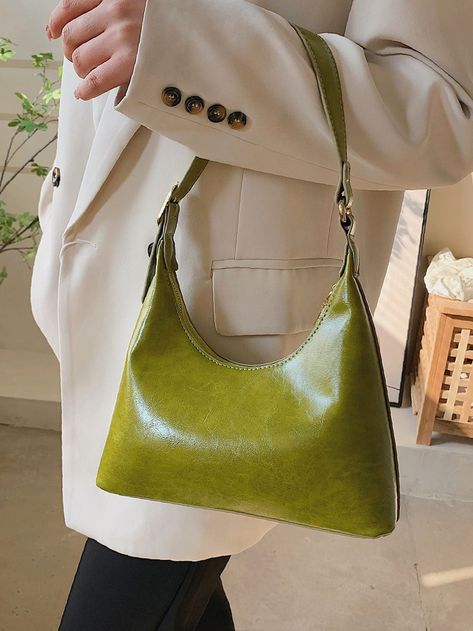 Olivia Mark - Minimalist Baguette Bag  - Women Shoulder Bags Green Bags Outfits, Green Baguette Bag, Green Handbag Outfit, Farah Core, Green Bag Outfit, Green Leather Bag, Green Handbags, Green Shoulder Bag, Adjustable Strap Bag