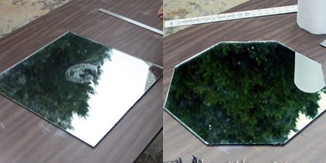 square mirror to octagon: how to cut mirror How To Cut Mirror, Mirror Crafts Diy, Handy Smurf, Mens Conference, Broken Mirror Projects, Broken Mirror Diy, Updated Furniture, Drilling Glass, Infinity Mirrors