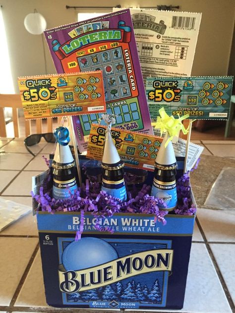 Beer and scratchers gift #bluemoon #guygift #scratchers Beer And Lottery Ticket Gift, Birthday Beer Basket, Beer Fathers Day Gift Ideas, Scratchers Gift Idea, Scratcher Gift Ideas, Beer Gift Basket For Men, Diy Beer Gifts, Beer Birthday Gifts, Beer Gift Basket