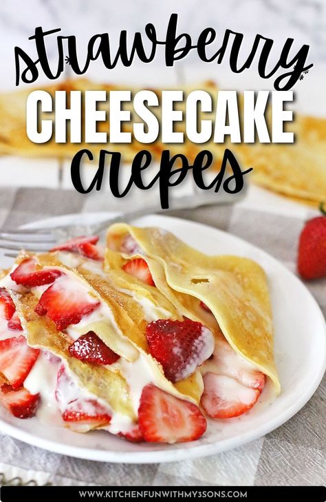 These strawberry cheesecake crepes are the perfect dessert for any occasion. They are easy to make with an incredible rich and creamy filling and a burst of fresh strawberries. Whip up a batch of these delicious crepes today and enjoy them all week long! Strawberry Crepe Filling, Cheesecake Crepes, Strawberry Crepes Recipe, Breakfast Strawberries, Dessert Crepes, Ricotta Cream, Sweet Crepes Recipe, Strawberry Crepe, Homemade Crepes