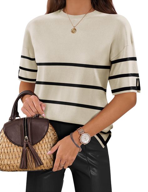 Work Tops For Women Office Style, Cotton Tops For Women Casual, Short Sleeve Tops For Women, Clothes For Women Over 60, Knit Tops For Women, Summer Pullover, Business Casual Top, Cotton Shirts Women, Stripe Top