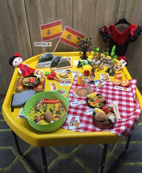 Spanish tuff tray Spain Eyfs Activities, Around The World Tuff Tray, The World Around Us Activities Preschool, Around The World Eyfs, Tuff Table, Reggio Activities, Around The World Crafts For Kids, European Day Of Languages, Multicultural Classroom