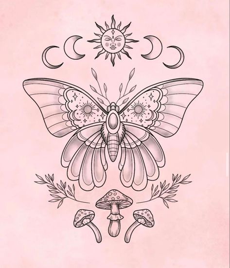 Sun And Moth Tattoo, Butterfly Moon Tattoo Design, Fairy Moth Tattoo, Moth And Moon Tattoo Design, Mystical Tattoo Designs, Luna Moth Knee Tattoo, Mystic Tattoos For Women, Dark Cottagecore Tattoo Ideas, Sun Moth Tattoo