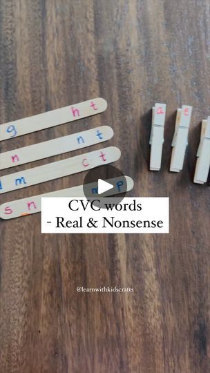 14K views · 87 reactions | SAVE the idea. If you are working on CVC words, then this is a fun activity to try. Use craft sticks to write beginning and ending letters. Use clothespin for vowel. Then just make words.Some words might be nonsense words and that’s ok. Nonsense words are precursors to reading words in chunks or by syllables.Follow for more @learnwithkidscrafts #earlyeducation #readingskills #earlylearning #earlyreaders #cvc #literacyskills #homeschoolmom #diymom #finemotorskills #scienceofreadingWant to see more CVC activities? | Learn with Kids Crafts | Capricornio Uno · Teklanika Ending Letters, Nonsense Word Activities, Easy Learning Activities, Cvc Activities, Nonsense Words, Craft Sticks, Phonics Games, Kindergarten Math Activities, Reading Words