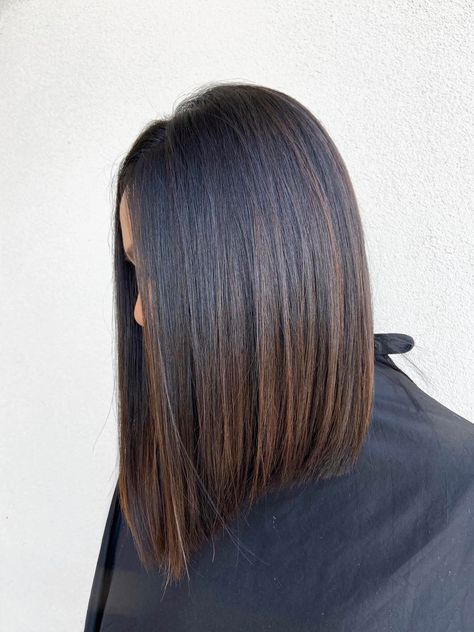 Long Bob Dark Brown Hair Straight, Balayage For Dark Brown Hair Short Straight, Straight Bob Balayage, Short Dark Brown Hair With Balayage, Smoothing Haircut, Brunette Long Bob Straight, Short Hair Balayage Brunette Dark Brown, Ombre Bob Brunette, Medium Length Brown Hair Straight