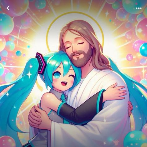 Miku And Jesus, Character Duos, Duo Characters, Anime Duos, Miku Hatsune Chibi, Famous Historical Figures, Miku Chan, Miku Hatsune Vocaloid, Vocaloid Funny