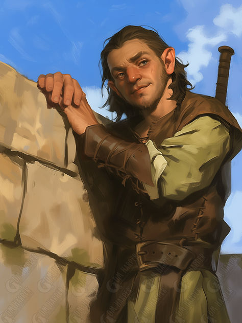 Lerry Glenfellow, Tiller's Guard Scout, Halfling Ranger, Goldenfields, Storm King's Thunder Halfling Aesthetic, Dnd Guard, Halfling Rpg, Halfling Cleric, Halfling Character Art, Halfling Dnd, Halfling Fighter, Halfling Male, Dnd Halfling