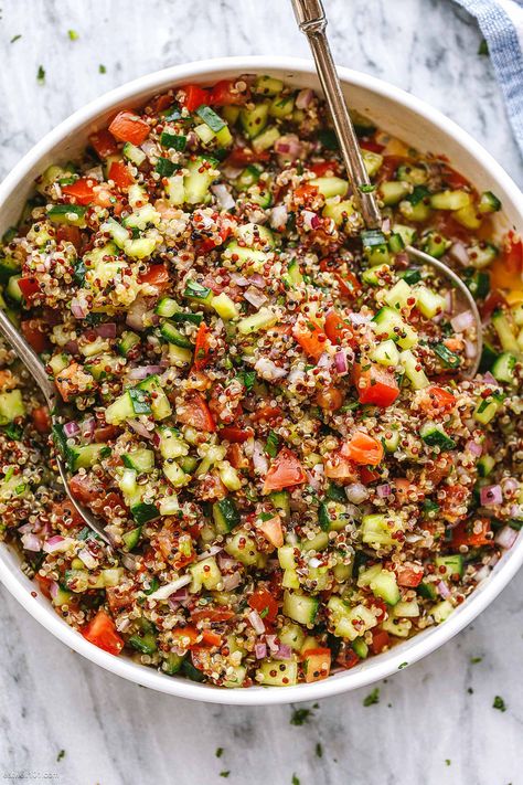 Quinoa Cucumber and Tomato Salad - #cucuber #tomato #quinoa #salad #recipe #eatwell101 - Cucumber quinoa salad recipe with a simple lemon and olive oil dressing is a wonderful salad that's perfect with any meal. - #recipe by #eatwell101® Salad Recipes Cold, Cucumber Quinoa Salad Recipes, Quinoa Cucumber Tomato Salad, Cold Work Lunch Ideas, Tomato Salad Recipes Simple, Quinoa Salad Dressing, Cucumber Quinoa Salad, Salads Ideas, Perfect Salad Recipe