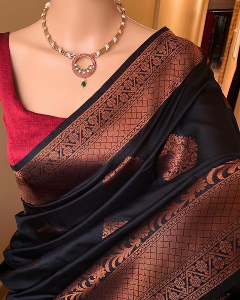 Www.Thejacouture.in > Art silk Brocade sarees > Black Art silk saree. . Black Art silk saree with copper zari design all over saree. Comes with black blouse piece. Saree height: 47 inches. Saree length: 5.5 meters. Blouse: 80cm . Priced: 1700/- INR Dry clean. . Jewellery collaboration: Neckpiece: @sruthis_jewellery . #black #blacksaree #sareelove #india #sareeinspiration #indianwear #traditional #sareeday #indianwedding #sareestyle #instagood #sareecollection #sareelovers #sareedrapi... Saree Colors, Sarees Black, Couture Photography, Saree Black, Indian Wedding Gowns, Brocade Saree, Wedding Lehenga Designs, Dress Design Drawing, Bridal Lehenga Red