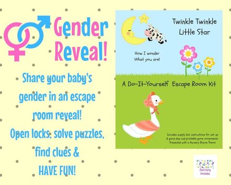 Twinkle Twinkle Little Star - How I wonder what you are! A Do-It-Yourself Escape Room Kit with a Nursery Rhyme theme. This DIY Escape Room kit offers the real experience of an escape room with props and real locks. It ends with your reveal of your baby's gender. Fun and unique gender reveal game! Find it on Pam's Party Printables! Twinkle Twinkle Nursery, Room Escape Games, Diy Escape Room, Nursery Rhyme Theme, Family Friendly Games, Baby Shower Party Games, Interactive Powerpoint, Powerpoint Games, Escape Room Game