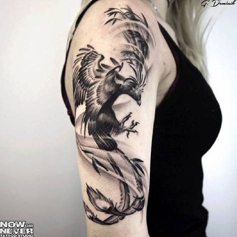 black and grey realistic Phoenix tattoo Realistic Phoenix Tattoo, Now Or Never Tattoo, Never Tattoo, Shoulder Tats, Upper Arm Tattoos, Skeleton Hand Tattoo, Now Or Never, Tattoo Aftercare, Phoenix Tattoo