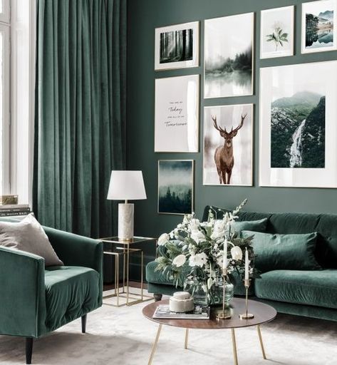 a nature inspired living room with grey green walls, hunter green furniture and matching curtains and a large gallery wall Nature Inspired Living Room, Salon Art Deco, Green Living Room Decor, Gallery Wall Inspiration, Green Furniture, Green Walls, Living Room Green, Design Del Prodotto, Green Rooms