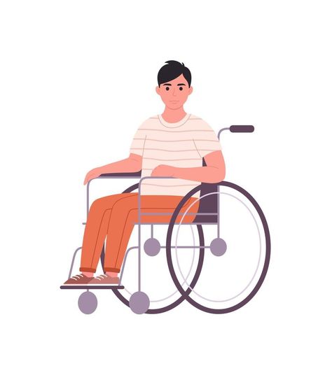 Disabled young man sitting in wheelchair. Male character with a physical disability. Vector Nature, Man Sketch, Physical Disabilities, Disabled People, Man Sitting, Story Prompts, Male Character, Animation Reference, People Illustration