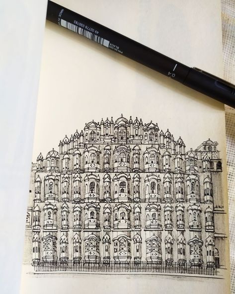 Fantastic Hawa Mahal in Jaipur, Rajasthan my art, drawing, architecture, illustration, Indian Culture, India, Asia, Dublenco. Rajasthan Architecture Sketches, Hawa Mahal Drawing, Hawa Mahal Painting, Hawa Mahal Illustration, Rajasthan Sketch, Hawa Mahal Sketch, Indian Monuments Drawings, Jaipur Drawing, Indian Architecture Sketches