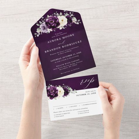 Moody Floral Wedding, Elegant Bouquet, Purple Wedding Invitations, Gold Theme, Dusty Purple, Simple Wedding Invitations, Purple Violet, Botanical Wedding, Theme Wedding