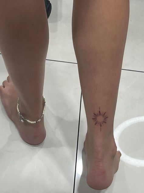 Small Back Of Leg Tattoo, Sun On Ankle Tattoo, Sun On Hip Tattoo, Back Of Foot Tattoo, Sun Ankle Tattoo Small, Boho Leg Tattoo, Leg Women Tattoo, Sun Tattoo Placement Ideas, Sun Tato