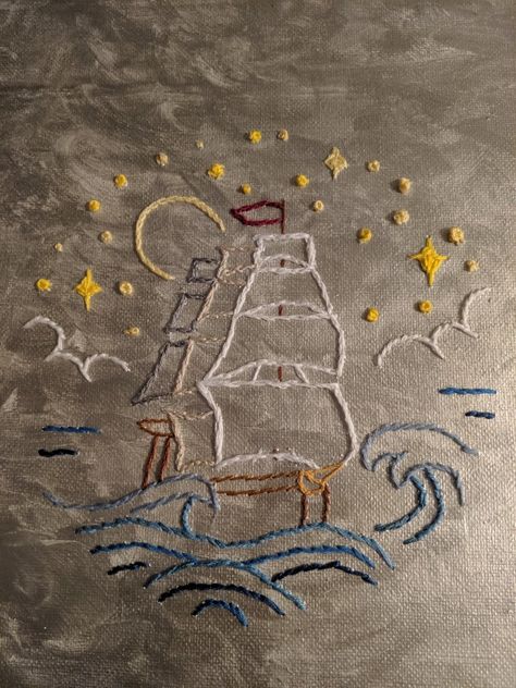 Pirate Ship Embroidery, Pirate Embroidery, Sailboat Embroidery, Ship Embroidery, Senior Hoco, Nautical Embroidery, Vintage Nautical, Slow Stitching, Pirate Ship