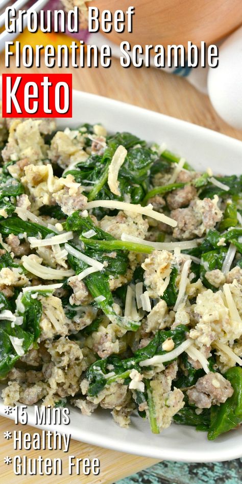 Tired of the classic bacon and eggs keto breakfast? This Keto Ground Beef Florentine breakfast recipe is packed with protein and it's low carb and gluten free! Easy Breakfast recipes - made with three simple ingredients that you might already have in your pantry and fridge! Try this ground beef, spinach and eggs scramble for breakfast or even for lunch or dinner! Beef Florentine, Ground Beef And Spinach, Ground Beef Breakfast, Quick Meals To Make, Keto Ground Beef, Ground Beef Dishes, Chicken Healthy, Low Carb Side Dishes, Ground Beef Recipes For Dinner