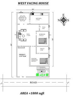 Autocad Drawing file shows 30'X60' Marvelous 2bhk West facing House Plan As Per Vastu Shastra. The total buildup area of this house is 1800 sqft. The kitchen is in the Southeast direction. The Dining is in the northeast. The puja room is in the south. The Hall is Placed in the Northeast direction of the house. The master bedroom is available in the southwest direction with the attached toilet available in the south direction. kid's bedroom is in the south direction. A staircase is available on 25x50 House Plans West Facing Vastu, 30×60 West Facing House Plan, West Face House Plan Vastu, West Facing House Plans Vastu, West Facing House Plan, Plot Map, House Vastu, West Facing House, Drawing Block