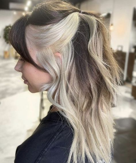 Best 30 Block Dyed Hair You'll Want to Copy Immediately. #blockdyedhair #blockdyedhairshort #blockdyedhaircurly #blockdyedhairblonde Half Peekaboo Hair, Brown And Blonde Hairstyles, Narcissa Inspired Hair, Straight Brown Hair Styles, Brown With Blonde Hair Underneath, Peekaboo Hair Color Brunettes Blondes, Blonde Underlayer Hair, Brown And Blond Hair Underneath, Half White Hair Underneath