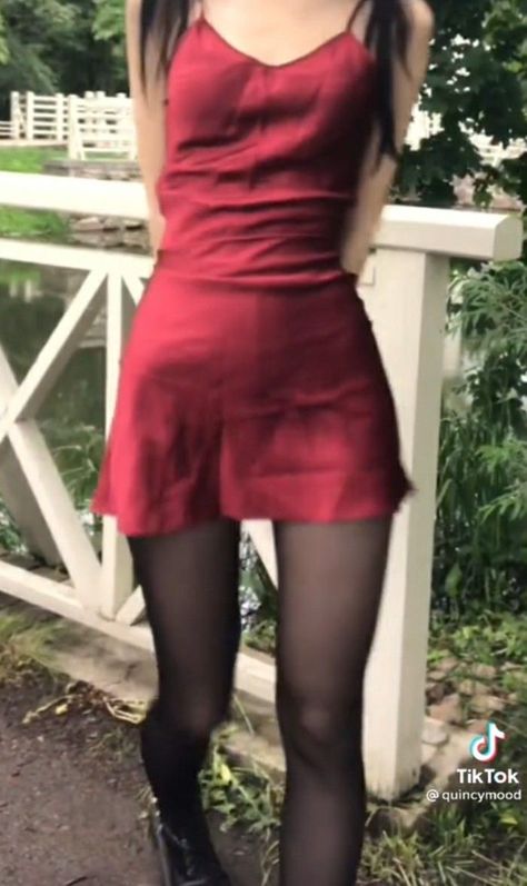 red dress black tights pale aesthetic vampire elena gilbert aesthetic Red Dress Black Tights, Satin Dress Black, Black Hair Girl, Woods Aesthetic, Red And Black Outfits, Red Satin Dress, Dress With Stockings, Aesthetic Red, Red Dress Outfit