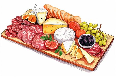 Cheese Drawing, Sausage Bread, Board Background, Food Drawings, Brunch Food, Board Charcuterie, Food Illustration Art, Anime Food, Art Food