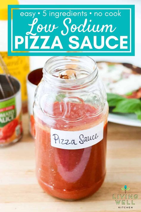 Easy homemade low-sodium pizza sauce with half the sodium of store-bought pizza sauce. No cook, ready in 5 minutes, budget-friendly. Low Sodium Pizza Dough, Pizza Sauce No Cook, Low Sodium Sauces, No Salt Diet, No Salt Recipes Meals Easy, Low Sodium Pizza Sauce, No Cook Pizza Sauce, Pizza Sauce Easy, Low Sodium Pizza