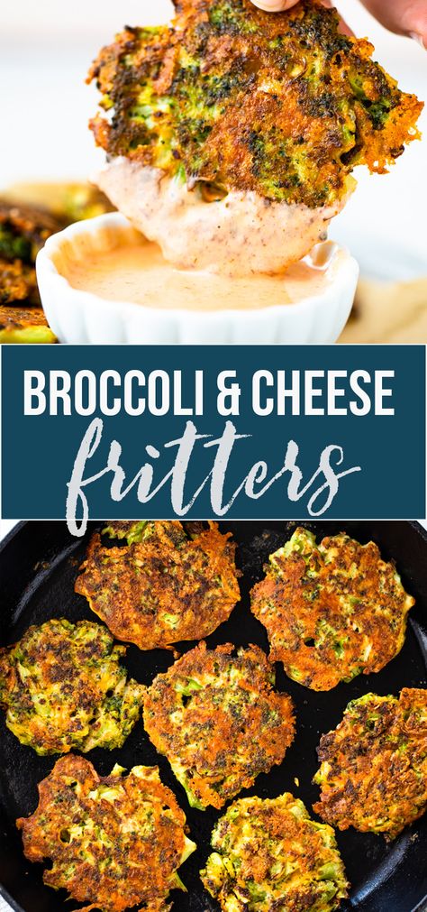 Crispy Broccoli & Cheese Fritters are mindblowing delicious! They only require 8 ingredients and have a low-carb, keto option! This is an appetizer you are going to want to sink your teeth into! Cheesy Broccoli Fritters, Healthy Snacks Broccoli, Keto Broccoli Fritters Recipes, Crispy Broccoli Cheese Rounds, Broccoli Carrot Fritters, Keto Broccoli Cheese Bites, Broccoli Cheese Fries, Broccoli And Cheese Fritters, Broccoli Fritters Air Fryer