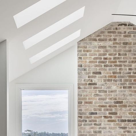 Recycled Brick Fireplace, Recycled Brick House, Hinterland House, Chimney Fireplace, Sunday Morning Coffee, Raked Ceiling, Brick Interior Wall, Recreation Room, Brick Interior