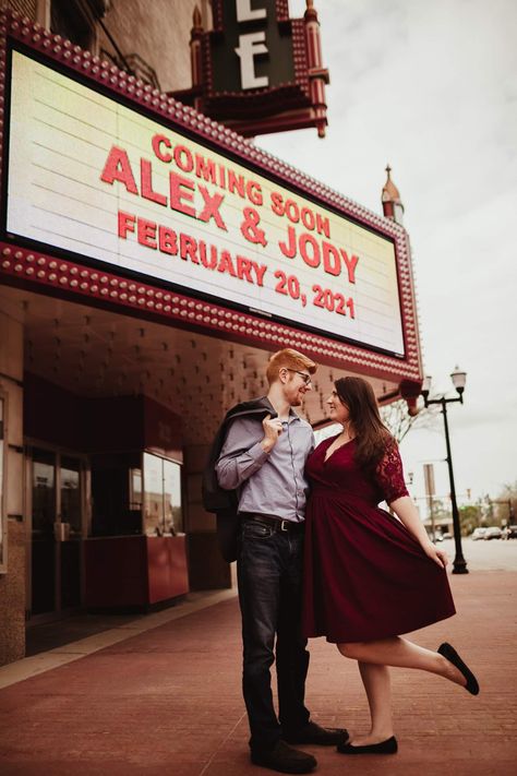 Movie Theatre Couple Pics, Concert Engagement Photos, Cinema Engagement Photos, Theater Couple Photoshoot, Movie Theatre Engagement Photos, Movie Theater Engagement Photos, Theater Engagement Photos, Engagement Photos Theatre, Creative Engagement Announcement