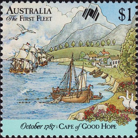 Stamp: Fleet At Cape Town (Australia) (Bicentennial Collection) Mi:AU 1061,Sn:AU 1029,Yt:AU 1028,Sg:AU 1092,Sev:AU 1100 First Fleet, Cape Of Good Hope, طوابع بريد, Stamp Catalogue, Rare Stamps, Postage Stamp Art, Cellos, Travel Icon, Vintage Train