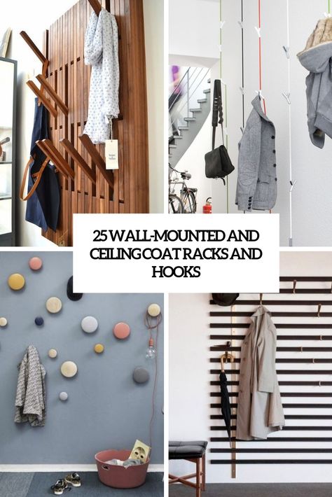 wall mounted and ceiling coat racks and hooks cover Creative Coat Hanger Ideas, Coat Hooks On Staircase, Clothing Hooks Wall, Small Space Coat Rack Entry Ways, Coat Hanging Wall, Wall Hanging Coat Rack, Wall Mounted Coat Hooks, Vertical Coat Rack Wall, Closet Hooks Ideas