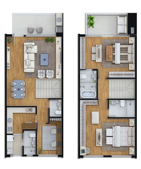 Pinterest: @claudiagabg | Townhouse 2 cuartos 1 estudio Narrow House Plans, Narrow House, House Construction Plan, House Layout Plans, Casa Container, Apartment Plans, Duplex House, Tiny House Plans, Modern House Plans