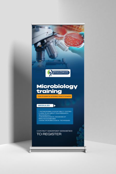 Microbiology training program for students. #laboratory #microbiology Hospital Banner Design Ideas, Medical Roll Up Banner Design, Training Poster Design, Laboratory Poster, Medical Poster Design, Science Banner, Tiktok Facts, Pull Up Banner Design, Exhibition Banners