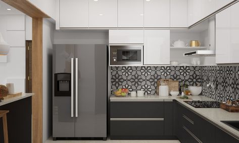 Kitchen In Middle Of House, Middle Class Kitchen, Small Studio Apartment Design, Modular Kitchen Interior, Simple Kitchen Design, Small House Interior, Small House Interior Design, White Kitchen Decor, Vitrified Tiles