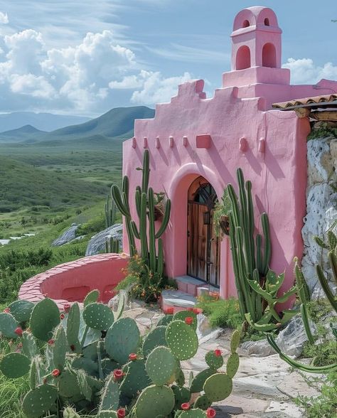 Pink Adobe House, Mexican Decor Aesthetic, Contemporary Mexican Architecture, Arizona Home Aesthetic, Pink Mexican Aesthetic, Desert Backyard Ideas, Mexican House Aesthetic, Bermuda House, Desert Home Exterior