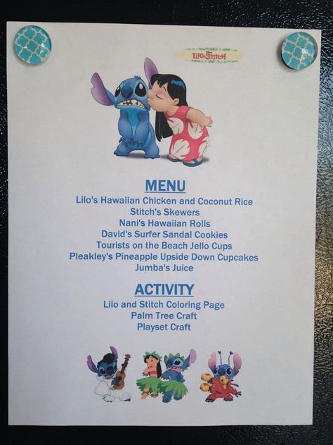 Lilo And Stitch Themed Dinner, Disney Dinner And Movie Night Lilo And Stitch, Stitch Dinner And A Movie, Avatar Dinner And Movie, Lilo And Stitch Menu Ideas, Lilo And Stitch Movie Night Food, Lilo And Stitch Recipes, Lilo And Stitch Dinner And A Movie, Movie Theme Night For Kids