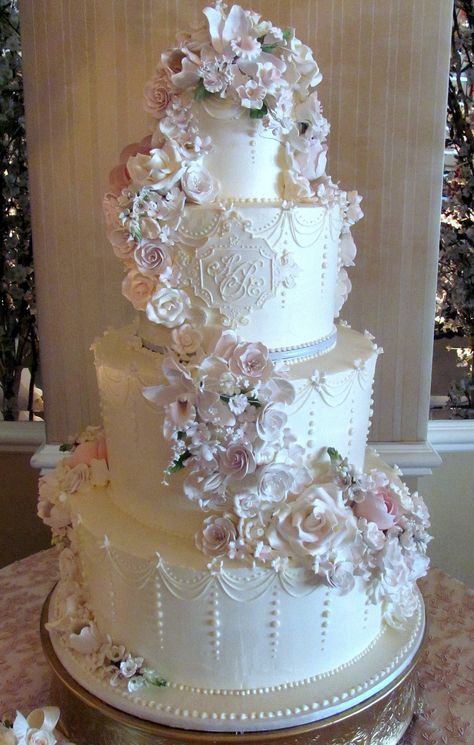 Floral Cascade | by New Rosebud Cake With Gumpaste Flowers, Classy Wedding Cakes, Vintage Pasta, Floral Cascade, Wedding Cake Centerpieces, Fancy Wedding Cakes, Extravagant Wedding Cakes, Cake With Flowers, Big Wedding Cakes