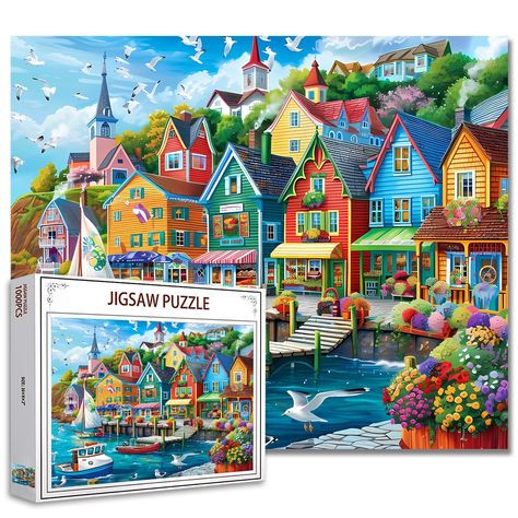 PRICES MAY VARY. What You Get: A sturdy color box include 1000 pieces puzzle and a HD print poster. Finished size: 27.56" x 19.69"/70*50cm. Well Made： Every jigsaw puzzle is manufactured from recycled puzzle board. Additionally, each piece of puzzle 1000 pieces has been precisely cut to ensure a perfect fit. Play Fun：Puzzle can calm your mind and enjoy the fun of jigsaw puzzle. You can also play jigsaw puzzles with your family to make the relationship between your family closer. Ideal Gift：If yo Hardest Jigsaw Puzzle, Colorful Coastal, Jigsaw Puzzles Art, Jigsaw Puzzles 1000, Building Painting, Diy Puzzles, Family Puzzles, Free Online Jigsaw Puzzles, Calm Your Mind