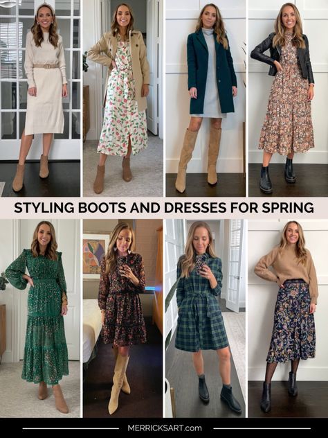 Boots With Summer Dress, Fall Dress Booties, Winter Business Dress Outfits, Nap Dress Outfit Fall, Work Dresses With Boots, Spring Luncheon Outfits, Dress With Boots Work Outfit, Booties For Dresses, Work Party Outfit Spring