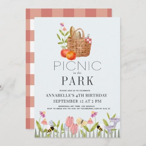 $2.98 | Picnic in the Park Basket Floral Birthday - picnic in the park, basket, bag, gingham, floral, flower, cute, girl, kids, birthday Floral 1st Birthday, Picnic Invitations, Floral Birthday Invitations, Park Birthday, Picnic Birthday, Floral Baby Shower Invitations, Floral Bridal Shower Invitations, Floral Birthday, Picnic In The Park